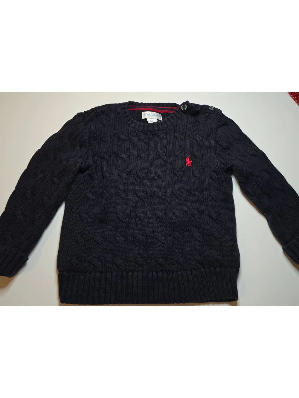 Ralph Lauren Navy Cable-Knit V-Neck Sweater with Red Pony